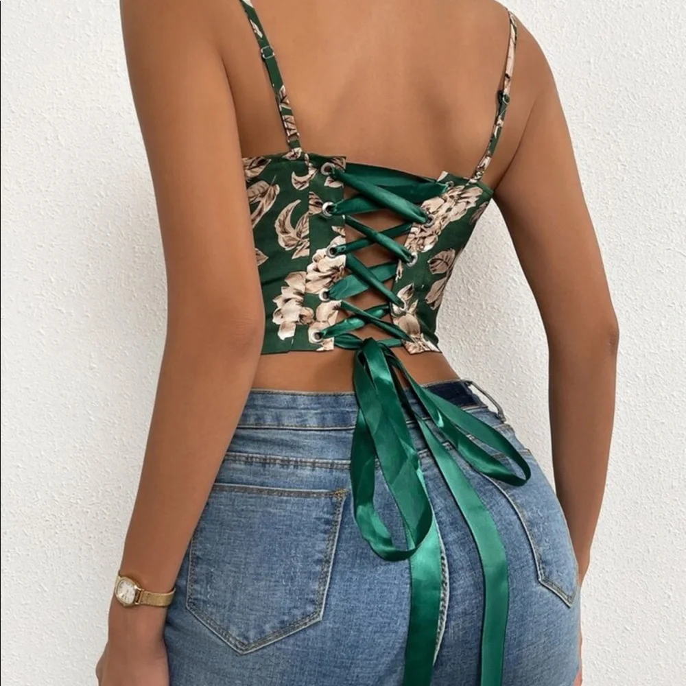 Boho Satin Floral Print Lace Up Bustier Corset Tube Crop Top Sexy - Picture 11 of 14